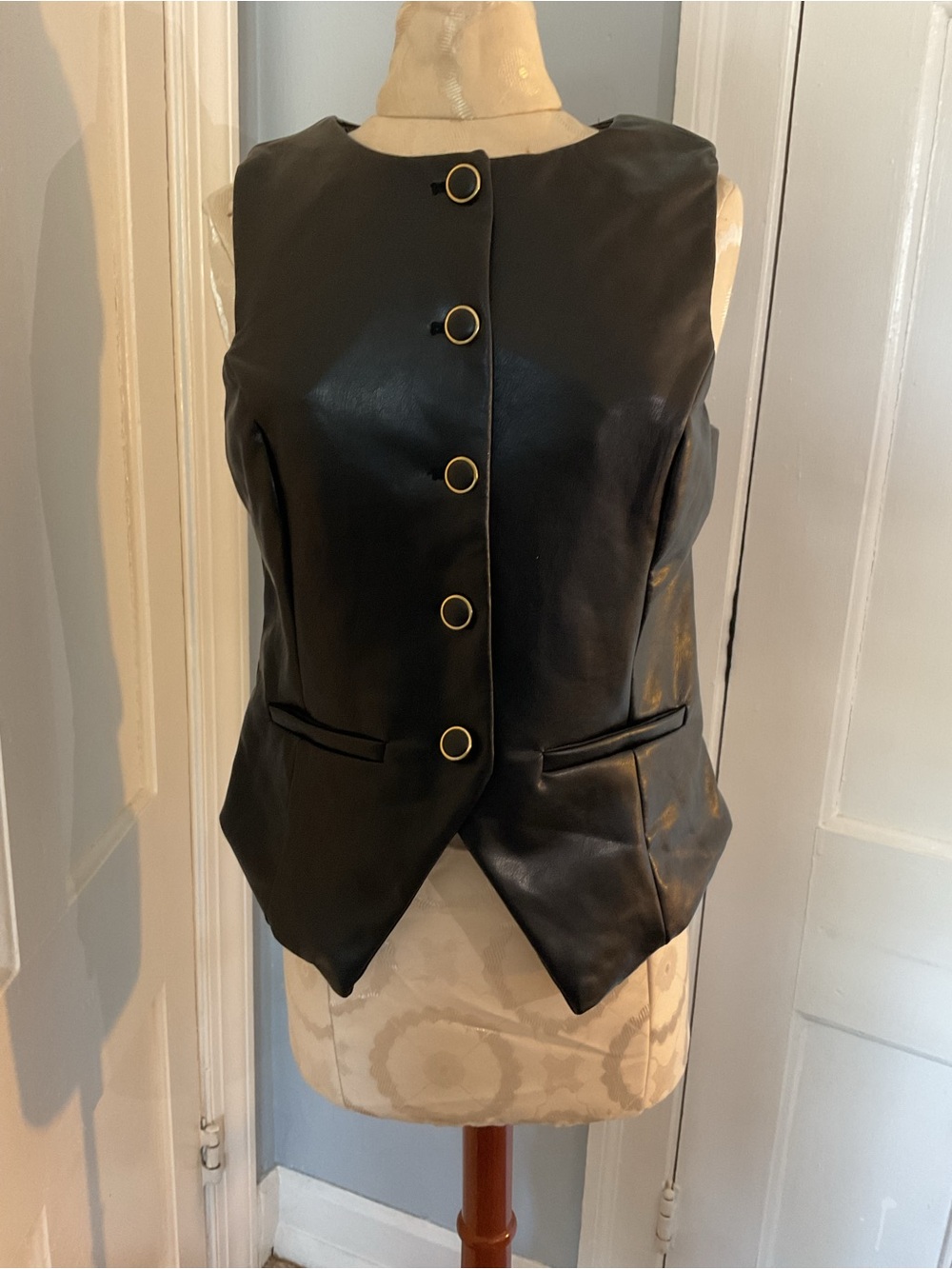 Women's Black Faux Leather Button Vest with Gold-Ring Accents